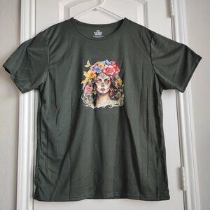 New! Women's "Day of the Dead" T-Shirt Very Dark Green Size XXL